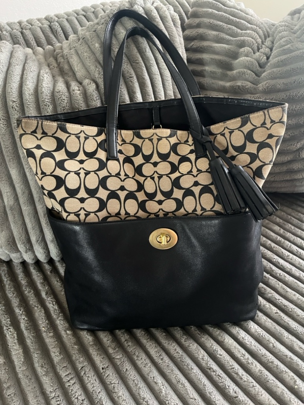 Coach Two-Tone Signature Canvas Tote with Black Leather Base